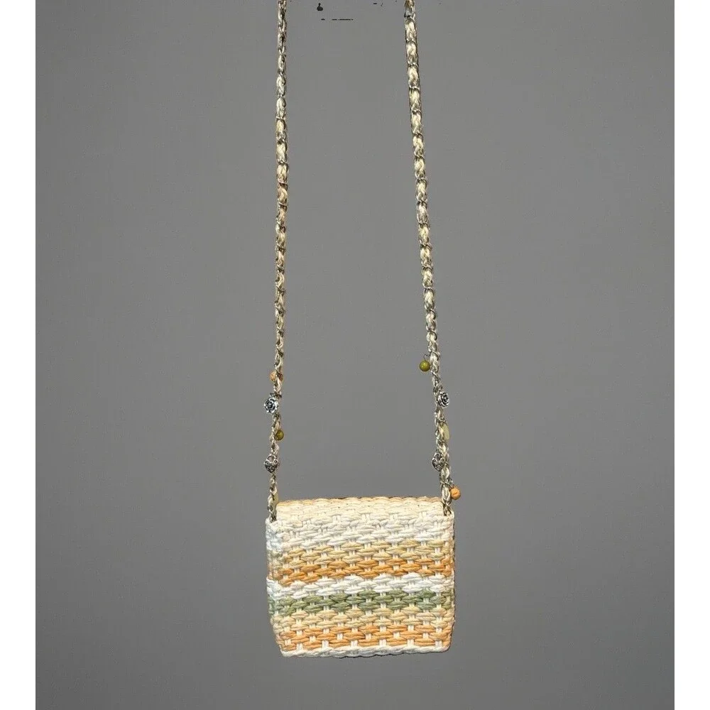 Cappelli Straworld Pastel Striped Woven Straw Raffia Crossbody Purse W/Charms